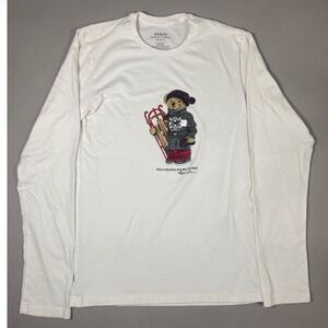 Polo Ralph Lauren Men's Long Sleeve White Polo Bear Snowboarder T-Shirt XS
